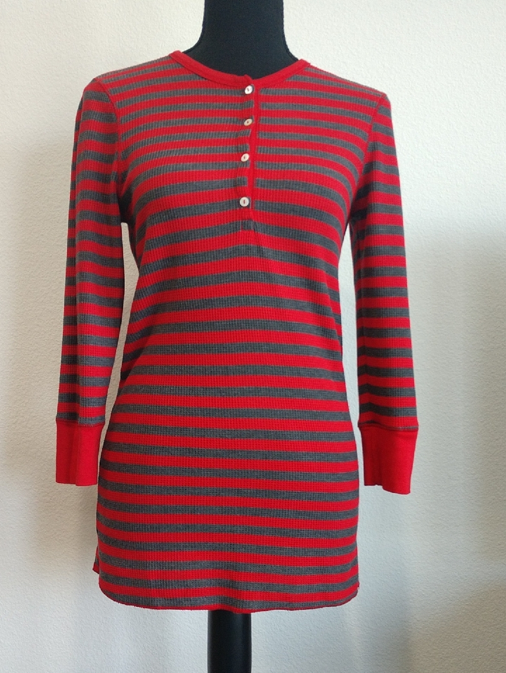 Splendid Red and Gray Striped Long Sleeve Henley Tee